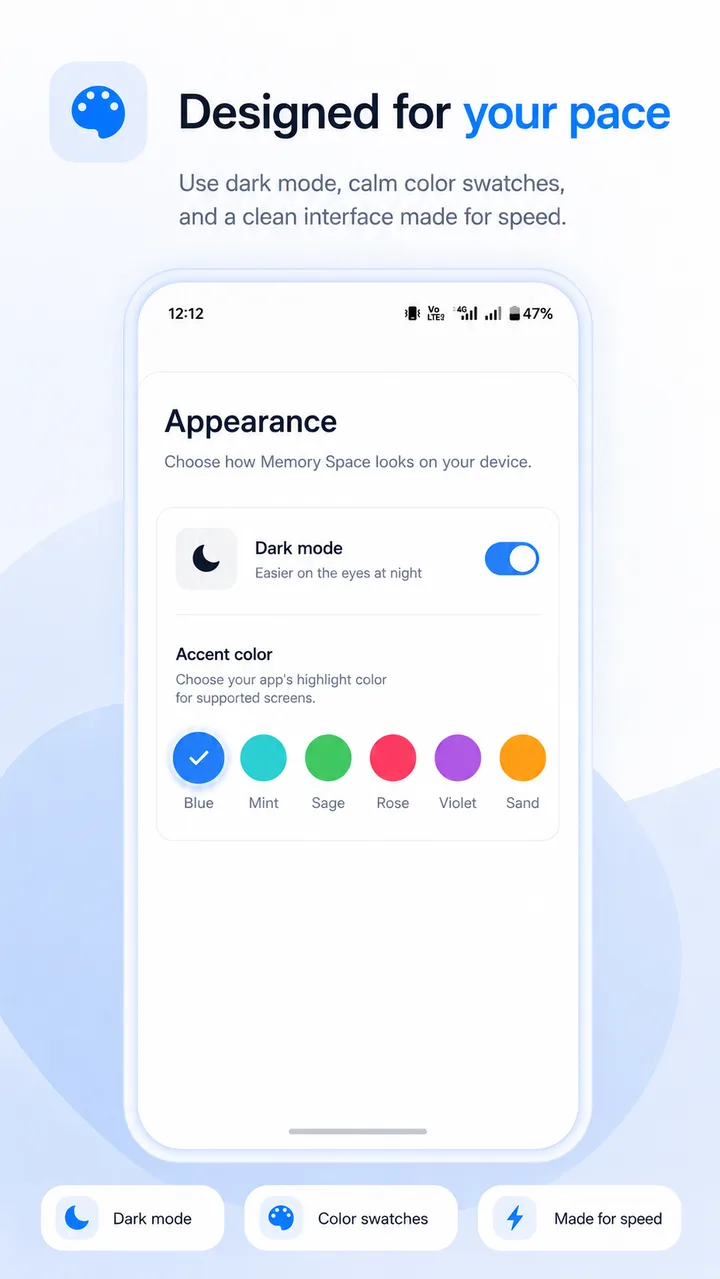 MemorySpace appearance settings with dark mode and calm accent colors
