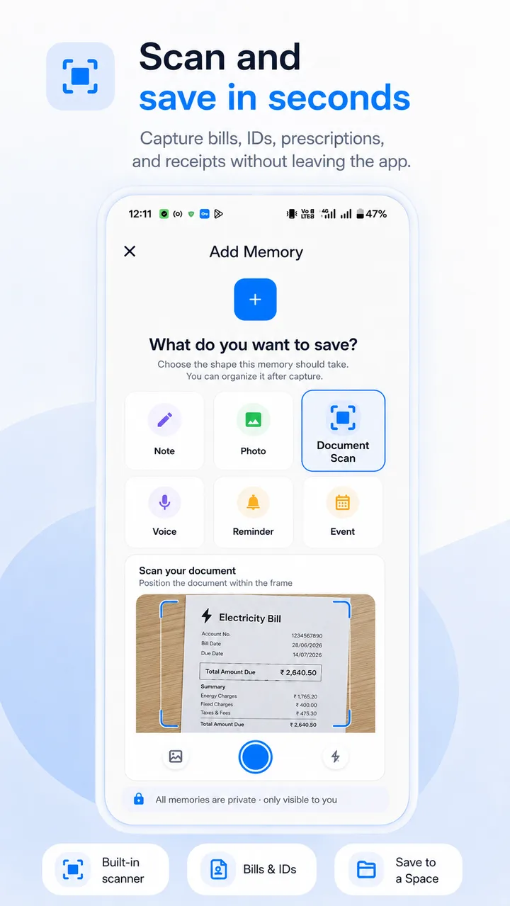 MemorySpace built-in document scanner capturing a bill
