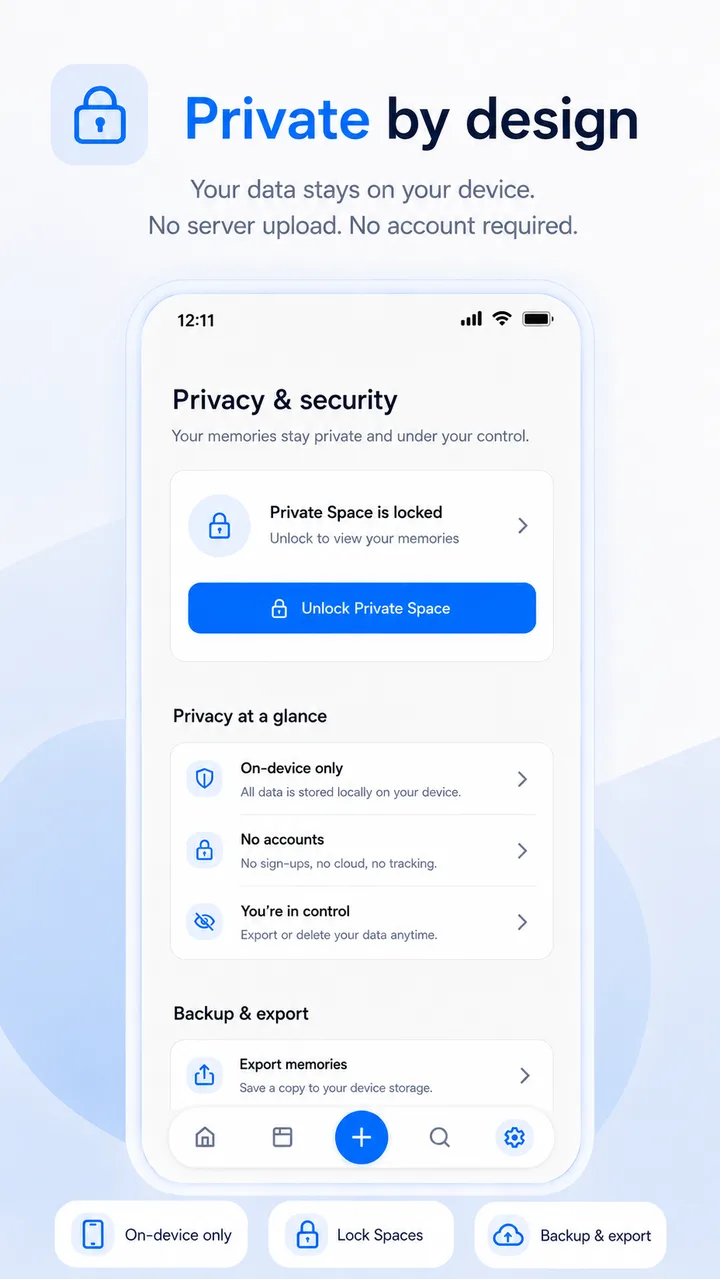 MemorySpace privacy and security — on-device only, no accounts