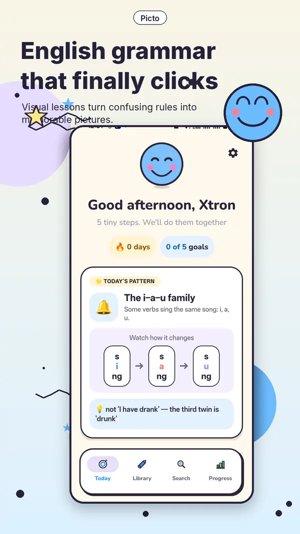 Picto home screen showing today's grammar pattern and five tiny daily steps