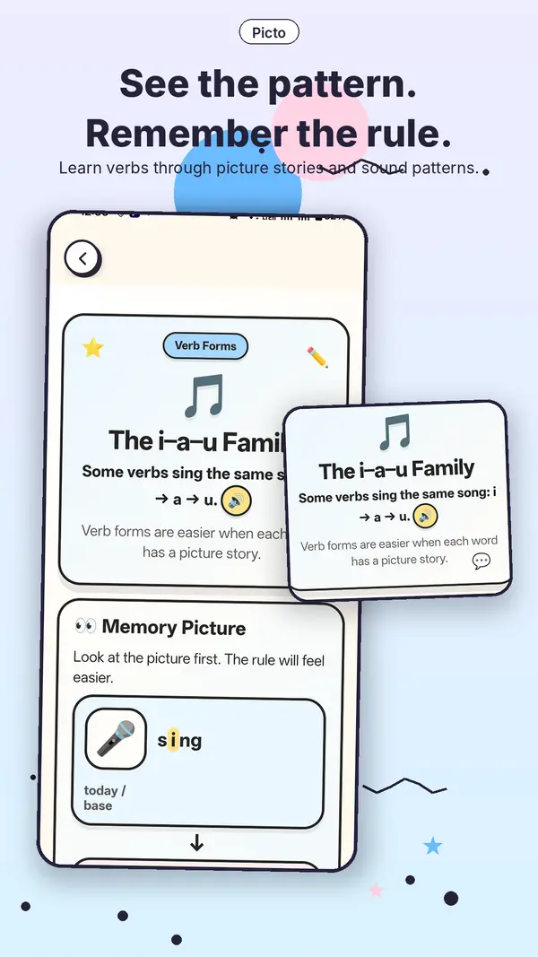 An illustrated picture story explaining a verb pattern in Picto