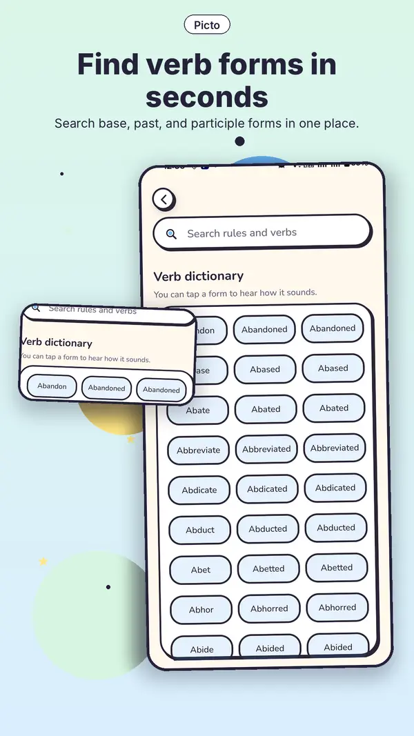 Picto's searchable verb dictionary for base, past and participle forms