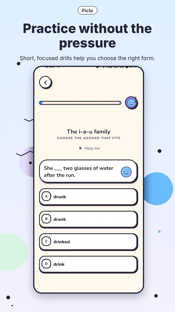 Pressure-free multiple-choice grammar practice in Picto
