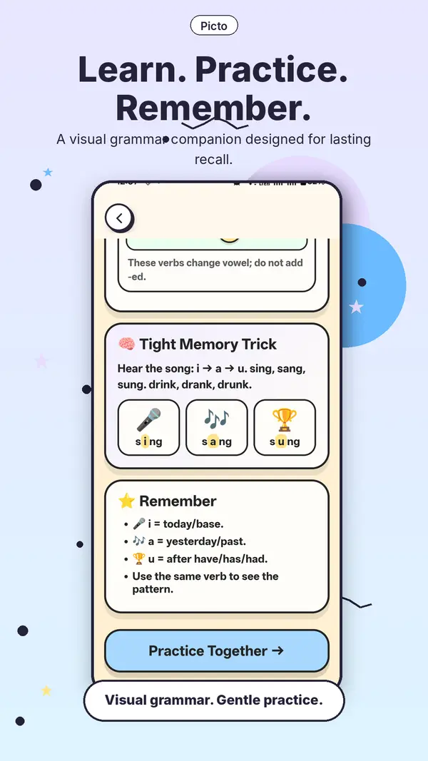Picto learn, practise and remember summary of a verb pattern