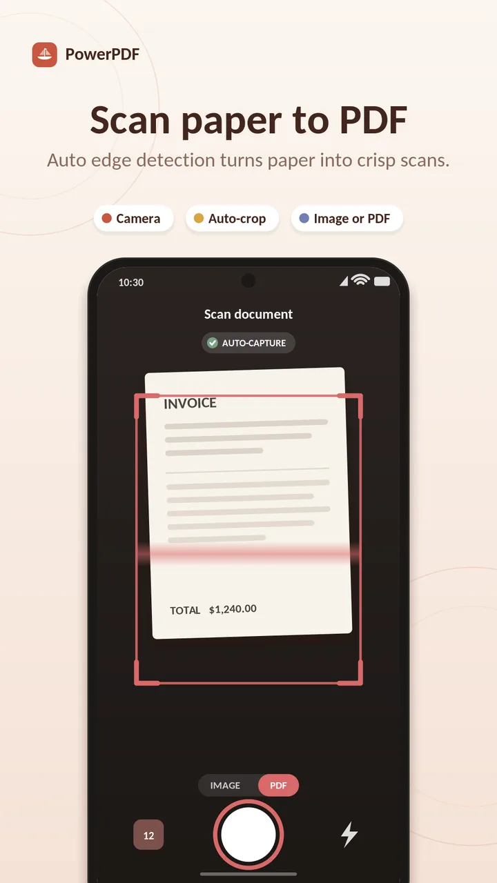 Scanning a document with the camera and saving as PDF in Power PDF