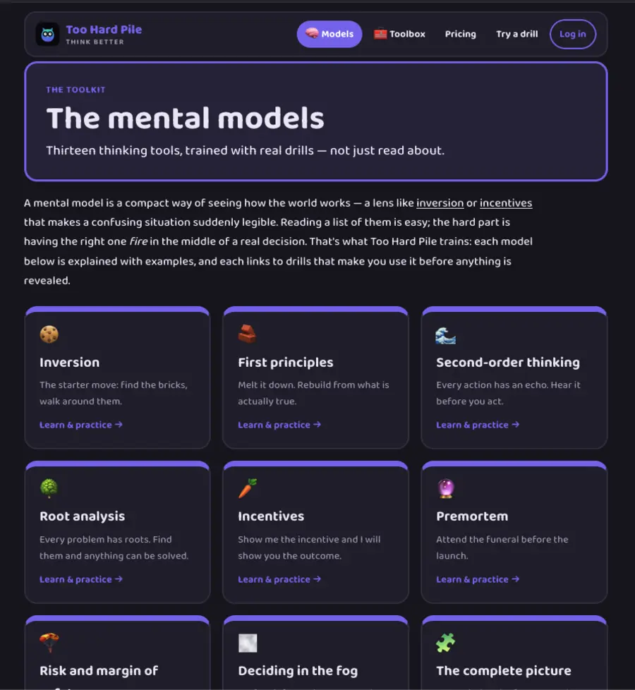 The Too Hard Pile models library, showing cards for Inversion, First principles, Second-order thinking, Root analysis, Incentives, Premortem, Risk and margin of safety, Deciding in the fog and The complete picture, each with a one-line summary and a learn-and-practice link