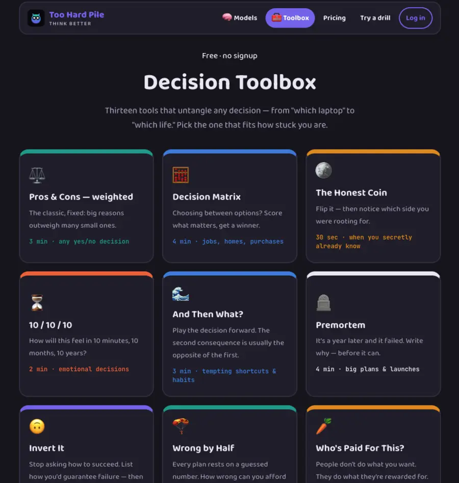 The Too Hard Pile Decision Toolbox page, showing a grid of tool cards — weighted pros and cons, decision matrix, an honest coin flip, 10/10/10, second-order consequences, premortem, inversion, margin of safety and incentives — each with a short description and an estimated time